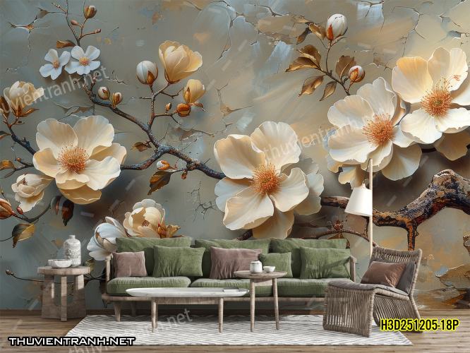 Tranh dán tường Hoa 3D- H3D251205-18P - Tranh tường chất lượng cao